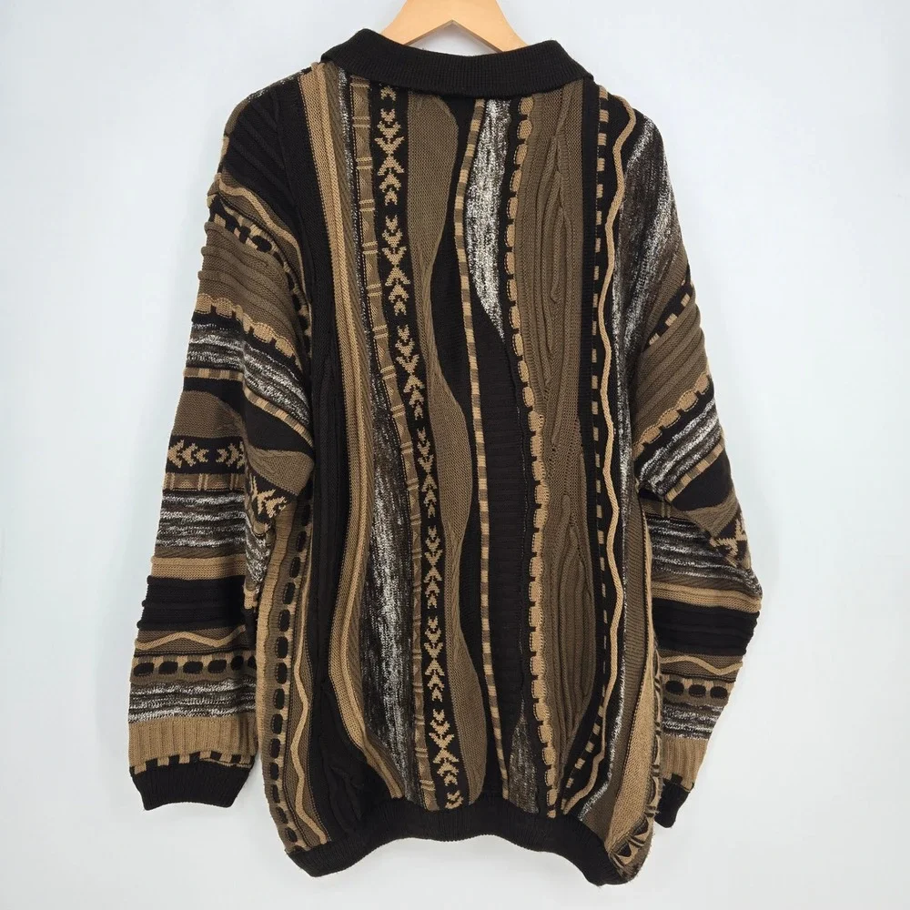Vtg 90s Mens 2XL Coogi Style 3D Knit Textured Polo Collar Sweater Brown Tan Fall